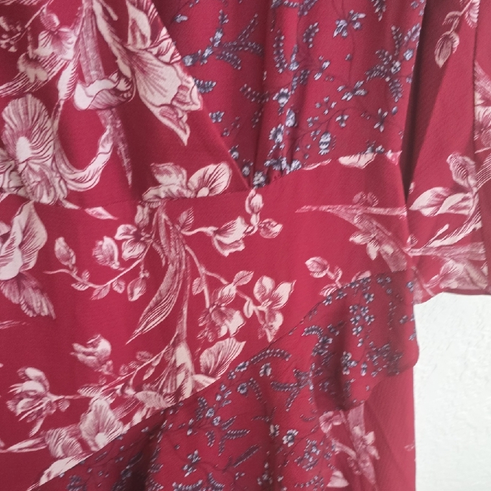 French Connection Wine Red Floral Wrap Dress with Ruffle Detail - Picture 5 of 6